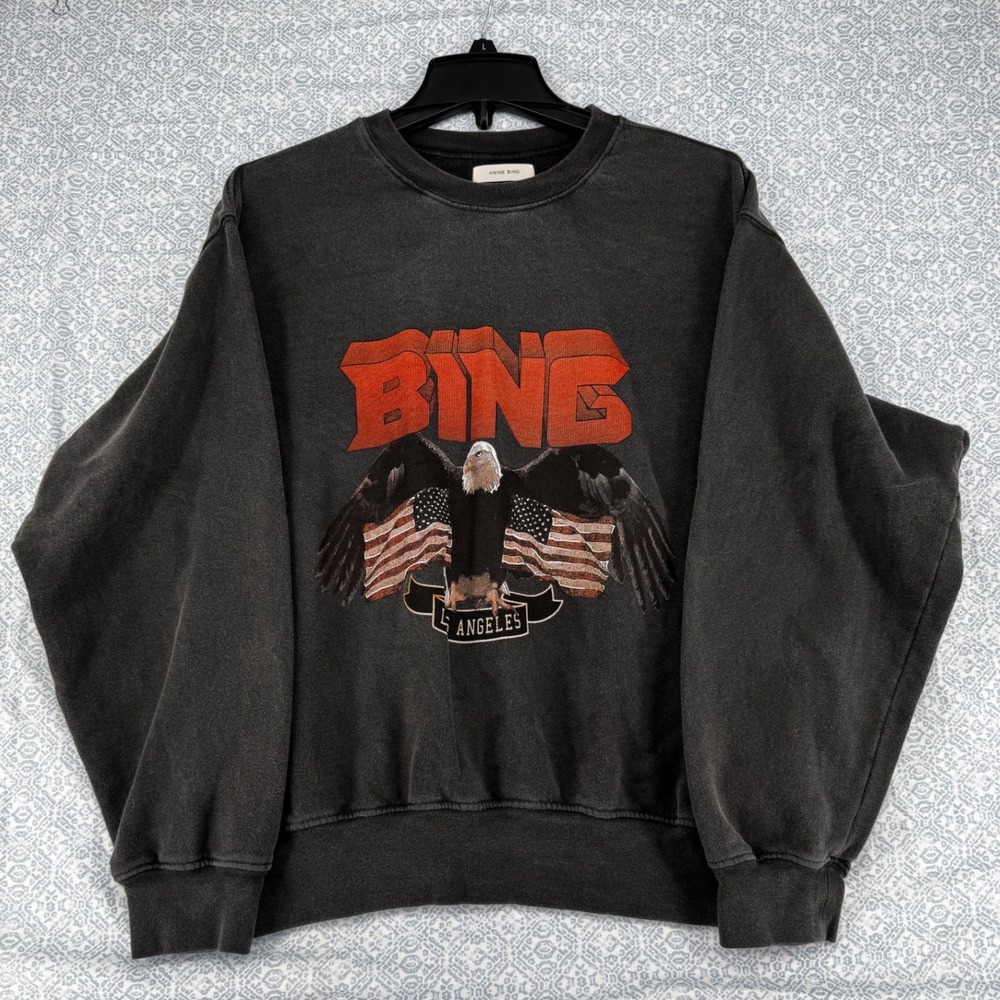 Anine Bing Jaci Eagle Sweatshirt Washed Black Graphic Pullover L A-08-5003-000